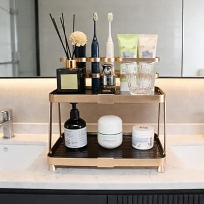 [YUPER] YUPER Bathroom Countertop Organizer, 2-Tier Vanity Organizer With Makeup Brush Holder, Large Countertop Tray for Skincare, Perfume, Cosmetics, Bathroom Sink Organizer Countertop