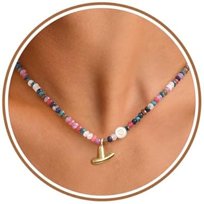 [Sistble] Sistble Colorful Beaded Necklace for Women Gifts for Teens Bubble Y Initial Necklaces for Teen Girls Bobo Bohemian Natural Stone Handmade Summer Beach Necklace Gifts for Friends Jewelry