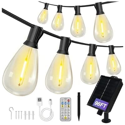 [DAYBETTER] DAYBETTER 96FT Solar String Lights Outdoor Waterproof with Remote & USB Port Dimmable & Timmer,Solar Patio Lights 30+1 LED Shatterproof Bulbs 8 Light Modes,String Lights for Outside Camping Backyard