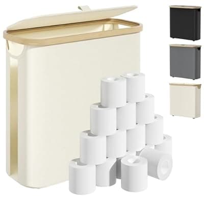 [Racokky] Toilet Paper Storage Basket with Lid and Handle, Foldable Toilet Paper Basket Organizer for Bathroom, Large Capacity Toilet Paper Holder with Storage for 12 Mega or 16 Regular Rolls, Beige