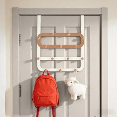 [Dycoony] Dycoony Over The Door Hooks for Kids Backpacks - 21.5" Extra Long Door Hanger Low Reach, 14 Wooden Ball Coat Rack for Nursery Bedroom Bathroom, White & Orange Purse Bag Towel Holder Organizer