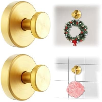 [LUNIA] LUNIA Suction Cup Hooks, No Drill Bathroom Hooks, Waterproof Reusable Towel Hanger for Robe, Loofah, Mountable on Glass, Mirror, Tile & Smooth Non-Porous Surfaces - 2 Pack Gold