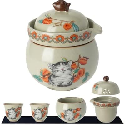 [Foinly] Mini Tea Cups,Cute Lucky Cat Cups,Small Tea Mugs,Porcelain Gongfu Tea set with 3 in 1,Tea Sets for Adults,Ceramic Tea Infuser Cup for Loose Leaf for Women/Tea Lovers/Birthday/Easter's Day (Green)