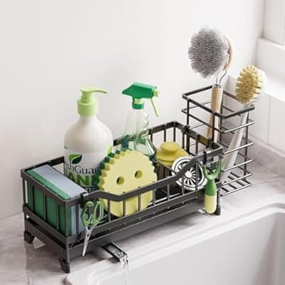 [Mirtan] Sponge Holder for Kitchen Sink, Kitchen Sink Caddy with Long-Handled Dish Brushes Holder, 304 Rustproof Stainless Steel Countertop Organizers and Storage, Home Kitchen Sink Accessories (Black)