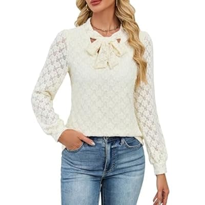 [Blooming Jelly] Blooming Jelly Womens Lace Long Sleeve Tops Tie Front Lined Dressy Blouse Fall Fashion Trendy Elegant Business Casual Outfit