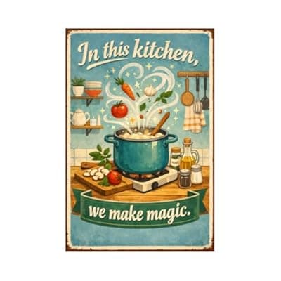 [Carastora] In This Kitchen We Make Magic Tin Sign Vintage Kitchen Wall Decor Retro Cooking Quote Metal Poster Cozy Pot Vegetable Culinary Art 8x12 Inch Home Cafe Restaurant Display