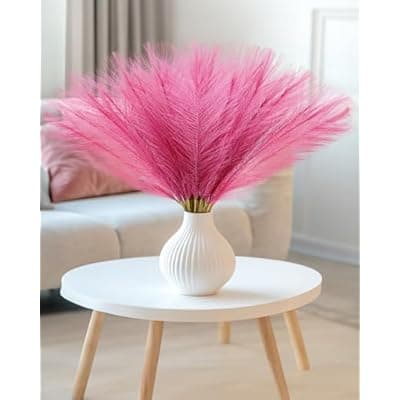 [Veneloo] Veneloo 100pcs Faux Pampas Grass Decor, 17.7inch Hot Pink Short Artificial Pompous Grass Fluffy Fake Pompas Grass Branches Vase Filler Flower Arrangement for Home Wedding Centerpieces Decor, Rose Red