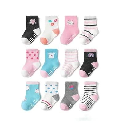 [AIQIBAO] AIQIBAO 12 Pairs Anti Slip Socks With Grips, Funny Children Ankle Toddler Boys Girls Baby Socks for Ages 1-7
