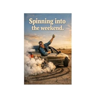[Carastora] Spinning Into the Weekend Vintage Tin Sign Funny Weekend Wall Decor Retro Car Burnout Art Metal Plaque Party Humor Garage Man Cave Home Wall 8x12 Inch Pre Drilled Holes