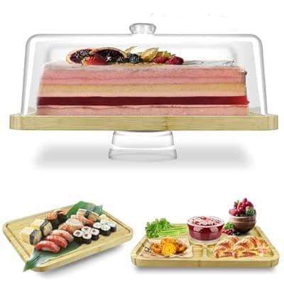 [cutesun] Cutesun Bamboo Wood Cake Stand with Lid - Rectangular Cake Holder, 16'' 2-in-1 Dessert Table Display Set & Charcuterie Board for Cheese, Chips, Fruit Platter, Large/big Acrylic Cake Dome Cover, Natura