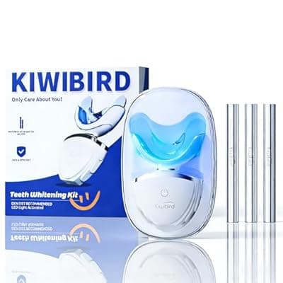 [KIWIBIRD] KIWIBIRD Teeth Whitening Kit for Sensitive Teeth - Enamel-Safe, 3 Gel Pens + LED Light with Wireless Charging Case, IPX7 Waterproof at-Home Dental Care (Blue Light)