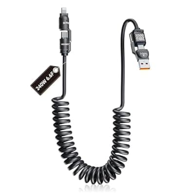 [KEDESO] KEDESO Retractable 4-in-1 Car Charging Cable, PD 240W Fast Charging Coiled USB Cord for CarPlay & Android Auto, Compatible with iPhone 16 15 14 13, Samsung S24, Pixel - Tangle-Free & Heat Resistant