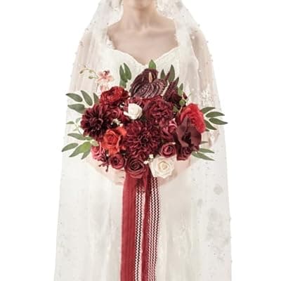 [TINGE TIME] TINGE TIME 11 Inch Wedding Bouquets for Bride, Burgundy Artificial Flowers Bouquet, Brides & Bridesmaids Bouquet Tossing Bouquet for Wedding Anniversary Ceremony Bridal Shower Decorations