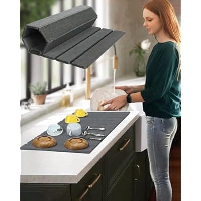 [Azorteja] Large Stone Dish Drying Mat for Kitchen Counter, 24x16 Inches Foldable Food-grade Material Super Absorbent Diatomaceous Earth Mats with Self-drying for Dishes Sink Bathtub, Dark Grey