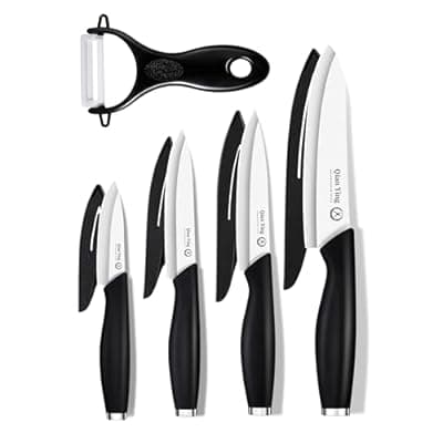 [Qianying] Ceramic Knife Set for Kitchen with Sheath: 100% Zirconia Pure Ceramic Sharp Blade Fruit Cutting Knives 9Pcs with Cover Rustproof Clean Cut Edge Black Handle, No Scratches on Titanium Cutting Boards