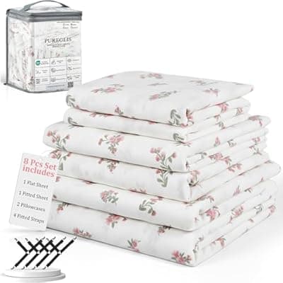 [PUREGLIS] PUREGLIS Full Size Pink Floral Bed Sheet Set, 8-Piece 100% Microfiber Sheets, Ultra Soft 16” Deep Pocket with 4 Corner Straps, Oeko-TEX Certified Wrinkle-Free Bedding (Pink, Full)