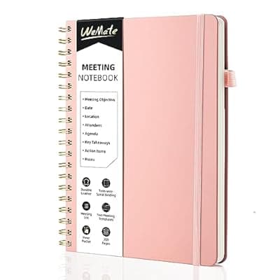 [WEMATE] WEMATE Meeting Notebook for Work B5 (7"x10") - PU Leather Work Notebook with Agenda, Action Items & Notes - 200 Pages for Men&Women, Staff and Students, Meeting, Projects Planning -Rose Gold