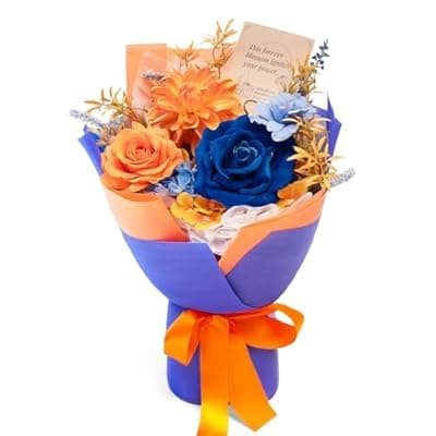 [TINGE TIME] TINGE TIME Preserved Flowers Bouquet, Orange & Navy Blue Roses Gift Bouquet, Eternal Roses Bouquet for Wedding, Table Centerpieces, Mothers Day, Birthday Gifts, Anniversary, Graduation