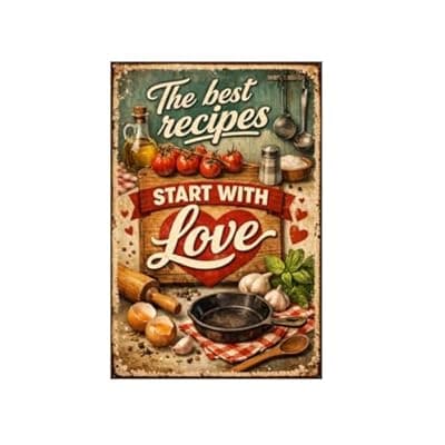 [Carastora] The Best Recipes Start With Love Vintage Tin Sign Rustic Kitchen Wall Decor Metal Plaque Farmhouse Cooking Art Food Illustration Cafe Pantry Dining Room 8x12 Inch Pre Drilled Holes