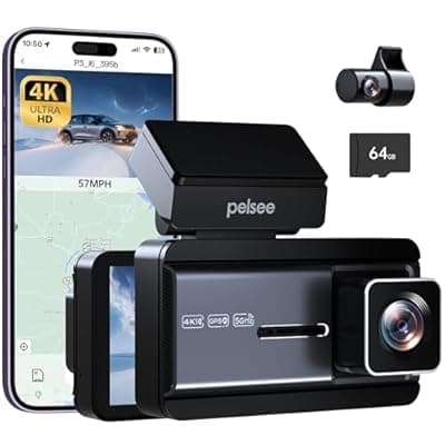 [pelsee] Pelsee 4K Dash Cam Front and Rear, 64GB SD Card, Dual Dash Camera for Cars with Wi-Fi, GPS, ADAS, BSD, LCA, 3’’ IPS Display Car Camera, APP & Voice Control, Night Vision, 24H Parking Mode
