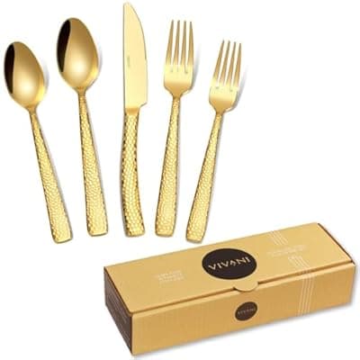 [VIVANI] VIVANI 20-Piece Heavy Duty Gold Silverware Set for 4, 18/0 Stainless Steel Flatware with Double-Sided Hammered Handles, PVD Gold Finish, Dishwasher Safe Cutlery for Wedding, Party & Everyday Dining