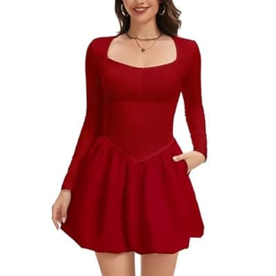 [CAPE CLIQUE] CAPE CLIQUE Long Sleeve Mini Dress for Women Sweetheart Neck Casual Bubble Dress A Line Drop Waist Short Dress with Pockets