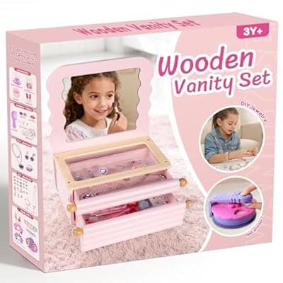 [LOL-FUN] Kids Vanity for Little Girls with Mirror, Kids Make Up Vanity with 27 Pieces Accessories, Toddler Table Top Vanity for Girls