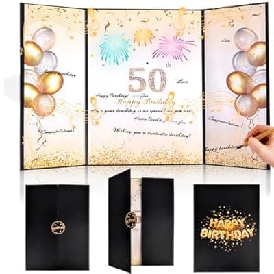 [Nerien] 50th Birthday Decorations for Men Women - Sparkling Firework Lights & Music Cheers to 50 Years Guest Book Card, Happy Birthday Decor Party Favors Banner, 50th Gifts Black and Gold Birthday Decoration