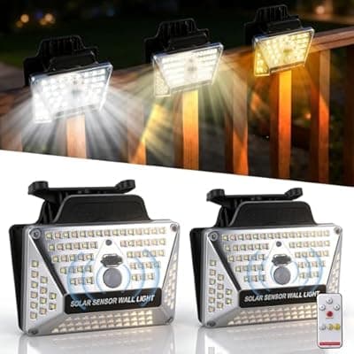 [BORUIT] BORUIT Clip On Solar Lights Outdoor, 3 Color Temperature,111 LEDs Solar Powered Fence Light with Motion Sensor, USB C Rechargeable, Security Light with Remote for Outside Wall Gutter Garage (2 Pack)