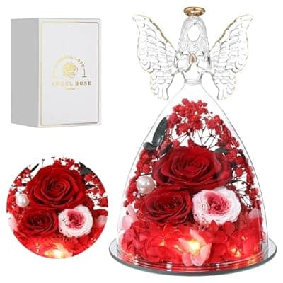 [Tiaronics] Tiaronics Mothers Day Rose Gifts for Women Preserved Real Flower in Glass Angel Figurines Roses for Delivery Prime Birthday Gifts for Mom Grandma Girlfriend Wife Her,Red Pink Austin Roses