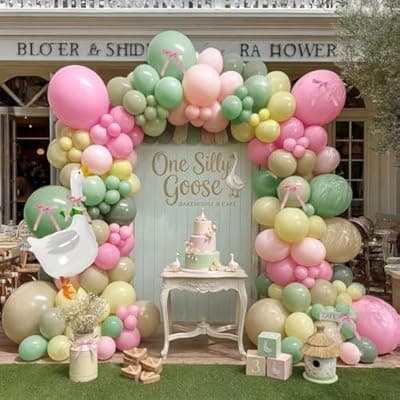 [feilebalon] One Silly Goose Balloon Arch with Bow and Goose Balloon, Double Stuffed Sage Green Pink Yellow White Sand Peach Balloon Garland Kit for Baby Shower First Birthday Vintage Tea Flower Party Decoration