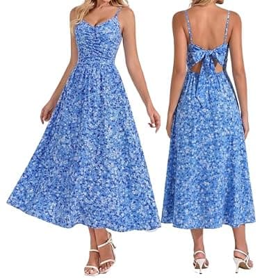 [Dofysoffy] Dofysoffy Womens Floral Dress 2026 Boho Spaghetti Strap Backless Summer Beach Vacation Midi Dress with Pockets
