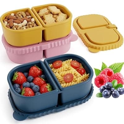 [DRNKNSTX] DRNKNSTX 3 Pack Reusable Silicone Snack Containers with Lids, 8.5oz 2 Compartment Snackle Box Containers, Ideal Portable Small Snack Pack Containers for School, Office and Picnic (Blue, Pink, Yellow)