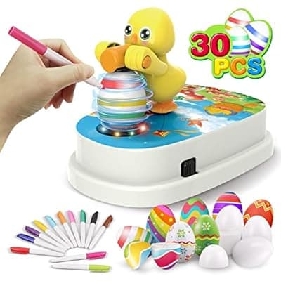 Engfa Easter Egg Decorating Kit, Chick Easter Eggs Decorating Kit Spinner Coloring Machine with 12 Dying Markers 30 Plastic Eggs and Slings, Easter Toy Arts and Crafts Set Gift for Kids Party
