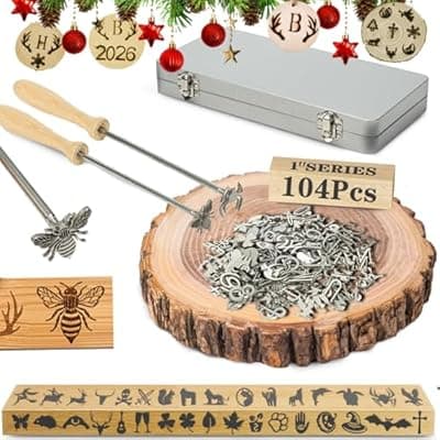 [Generic] 104 Pcs 1" Branding Iron Kit, Stainless Steel Assorted Characters，Letters, Numbers & Symbols Custom for Wood, Leather, Steak, Hat Decorating - with Handle & Toolbox (104Pcs)