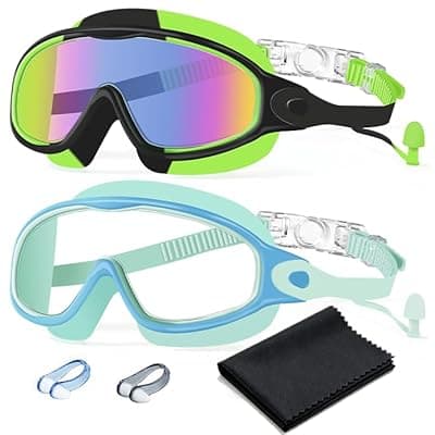 [HJZSFVK] HJZSFVK Swim Goggles 2 Pack Anti-Fog Anti-UV Wide View No Leakage Swimming Goggles for Kids 3-15 with Earplugs
