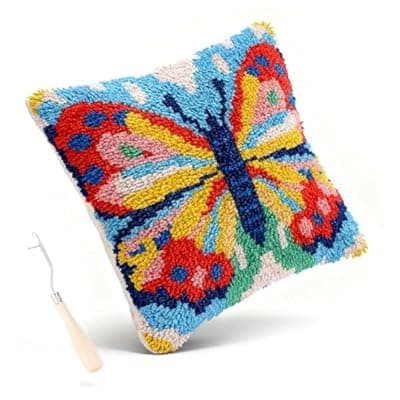 [Miaceito] Miaceito Pre-Printed Butterfly Latch Hook Pillow Kits for Adults Beginners, DIY Latch Hook Kits Includes Wooden Hook to Make 17x17 Inch Home furnishings Sofa Decoration
