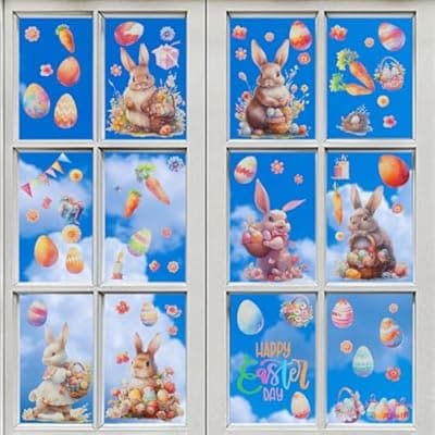 [Oeyliz] Oeyliz Easter Window Stickers Rabbit Carrot Double-Side Glass Decals 80Pcs Happy Easter Home Office School Shop Display Party Decorations