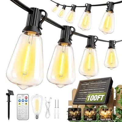 [Skoiuc] 100FT Solar String Lights Outdoor Waterproof with Remote & Timer, LED Shatterproof ST38 Bulbs, USB & Solar Powered Patio Lights for Backyard, Porch, Garden, Wedding Decor, Dusk to Dawn Lighting