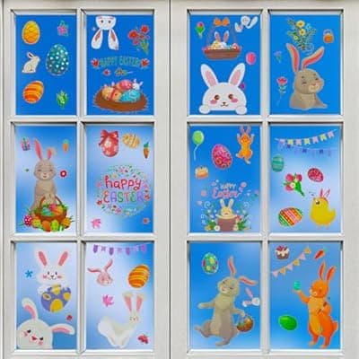 [Oeyliz] Oeyliz Easter Decorations Window Clings Happy Easter Stickers Bunny Eggs Window Clings Glass 9 Sheets 151PCS Windows Decals Holiday Home Office School Party Decoration Supplies