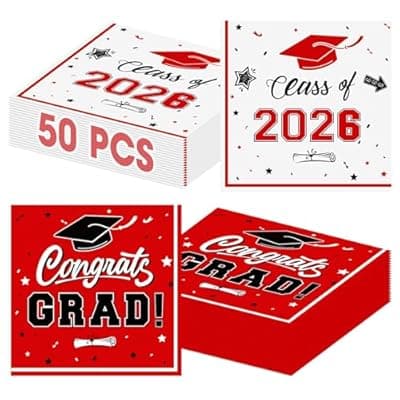 [Litmitfu] 50 Pcs Graduation Napkins Decorations - Red Class of 2026 Congrats GRAD 3-Ply Paper Cocktail Dinner Napkins Set for 2026 Graduation Party Supplies Table Decor Favors, 6.5 x 6.5 Inch