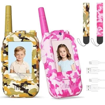 [GamiAcces] Video Walkie Talkies for Kids with Camera, Rechargeable Walkie Talkies 2 Pack for Ages 3-12, HD Video Intercom with Screen & Voice Changer, Indoor Outdoor Communication for Boys Girls (Desert Camo)