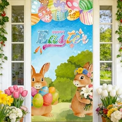 [Lednica] Lednica Easter Bunny Door Decoration, Happy Easter Door Cover with Eggs Lily, Spring Banner Welcome Decoration Porch Sign for Home Classroom Decor & Party Supplies, 71x35 Inch