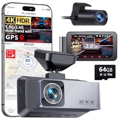 [Gleetour] Gleetour Dash Cam Front and Rear, 4K HDR Dash Camera for Cars, 3" IPS Screen Dash Cam Built-in GPS with 5.8G WiFi UHD Night Vision Free 64G Card, Parking Monitor, G-Sensor