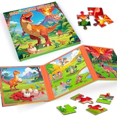 [JUANCHI] 3x20 Pieces Magnetic Puzzles for Toddlers 3-5, The Growth Journey of Dinosaurs 3 in 1 Puzzles for Kids Ages 4-6, Car Airplane Road Trip Activities Toys for 3 4 5 6 Year Old Birthday