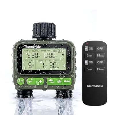 [ThermoHalo] ThermoHalo Smart Sprinkler Timer with Remote, 8-Zone Programmable Dual Outlet Watering timers, IP65 Waterproof Automatic/Manual Hose Timer with Child Lock for Lawn, Yard, Garden, and Pool (Twin)