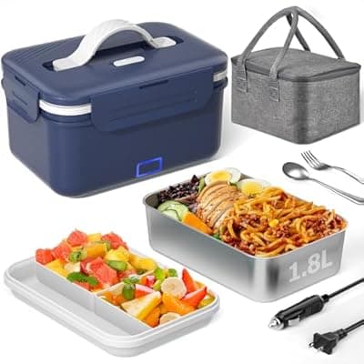 [Akhia] Akhia Heated Lunch Box Food Warmer, 100W Fast Electric Lunch Box, 1.8L Portable Heating Lunchbox, 12/24/110/220V lonchera eléctrica portátil Ideal for Men Car Truck Work Christmas White Elephant Gifts