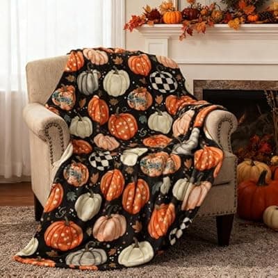 [D-Story] Fall Pumpkins Throw Blanket 50" X 60" Orange Pumpkins Leaves Soft Plush Warm Fleece Blankets Thanksgiving Christmas Autumn Throws for Home Living Room Couch Bed Chair Gifts for Women
