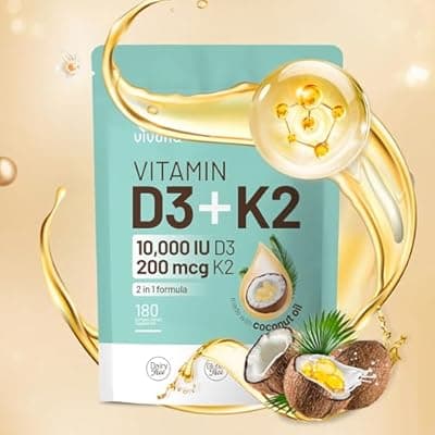 [VivoNu] VivoNu Vitamin D3 K2 10000 IU with MK7-300 Virgin Coconut Oil Softgels, 2 in 1 Vitamins D & K Complex | Vitamina D3 con K2 ((180 capsules/1Bag))