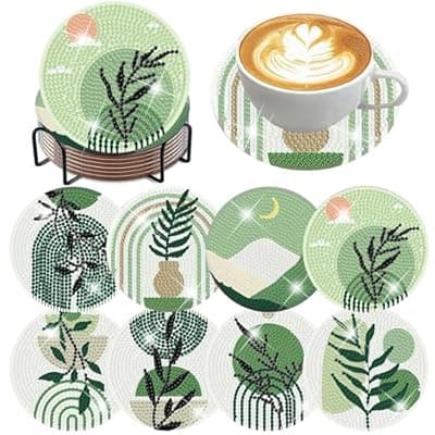 [ijbnhd] ijbnhd 8 Pcs Leaf Diamond Art Coasters Kit, Leaf Diamond Painting Coasters with Holder, Arts and Crafts Supplies Astral 4X4inch (Cork Wooden Pad)